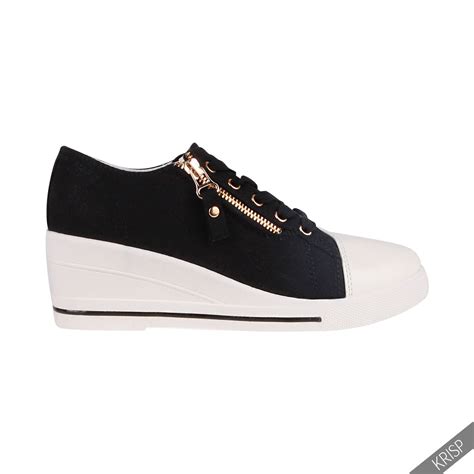 Womens Gem Canvas High Heel Wedge Trainers Sneakers Low Top Lace Up