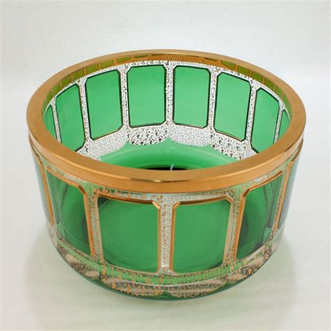 Vintage Moser Gilt Glass Bowl With Green Cabochons For Sale At 1stdibs