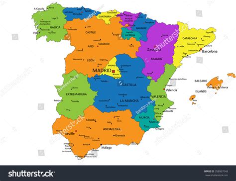 Colorful Spain Political Map Clearly Labeled Stock Vector 358067048