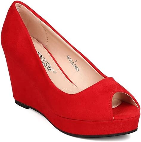 Women Faux Suede Peep Toe Platform Wedge Heel Fd39 Red