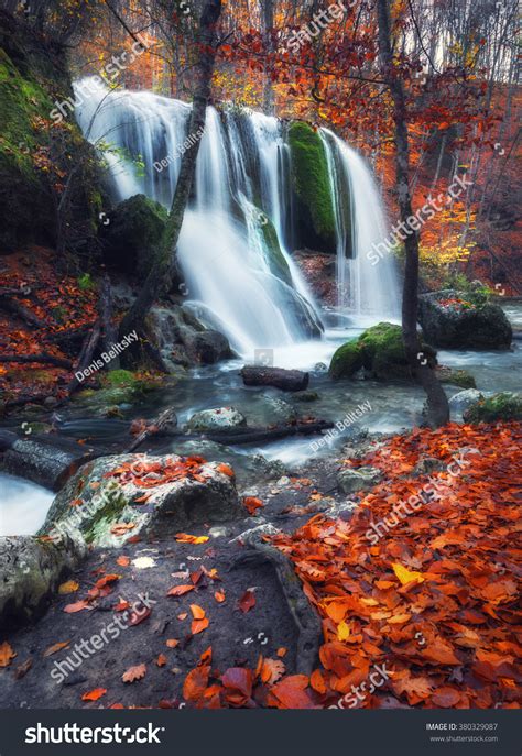 Beautiful Waterfall Mountain River Colorful Autumn Stock