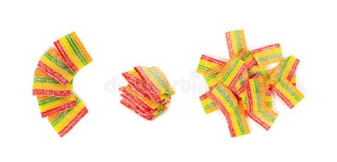 Rainbow Gummy Candy Pile Isolated Sour Jelly Candies Strips In Sugar