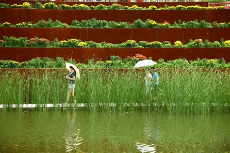 Two People With Umbrellas Are Standing In The Grass By Some Water And
