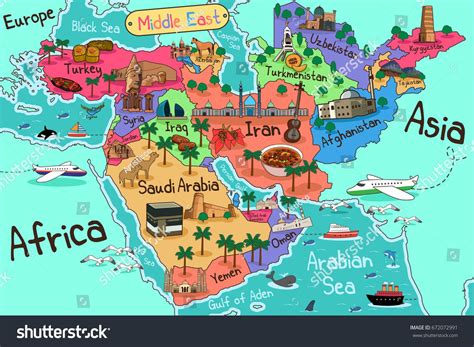A Vector Illustration Of Middle East Countries Map In Cartoon Style