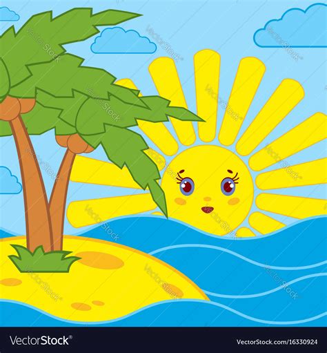 Palm Trees And Sunrise Cartoon Sun On The Vector Image