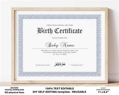 Birth Certificate Template Printable Certificate Of Birth Baby Boy