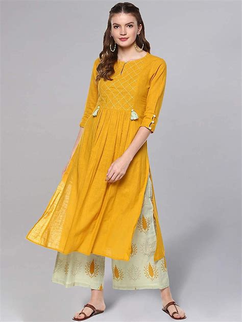 Womens Cotton New Indian Traditional Design Kurta Set For Girls Mustard And Sage Green
