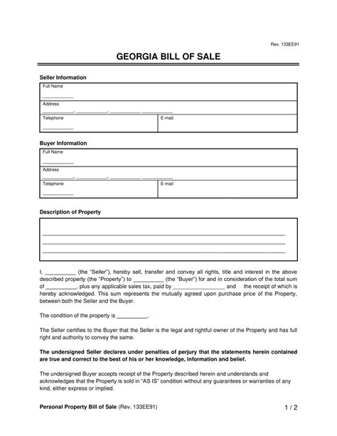 Free Georgia Bill Of Sale Forms Printable Pdf Word