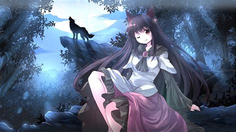 Wallpaper Long Hair Anime Girl Wolf Trees Moon Night