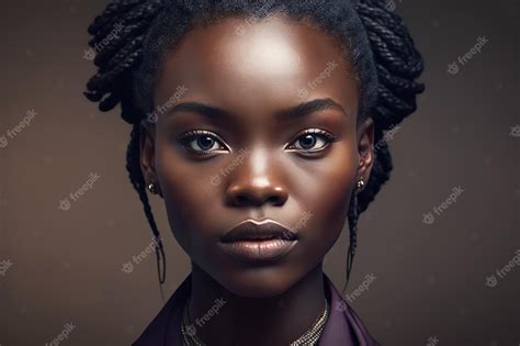 ai が生成した絹のような肌を持つ若い黒人女性の顔のクローズ アップのスタジオ ポートレート プレミアム写真