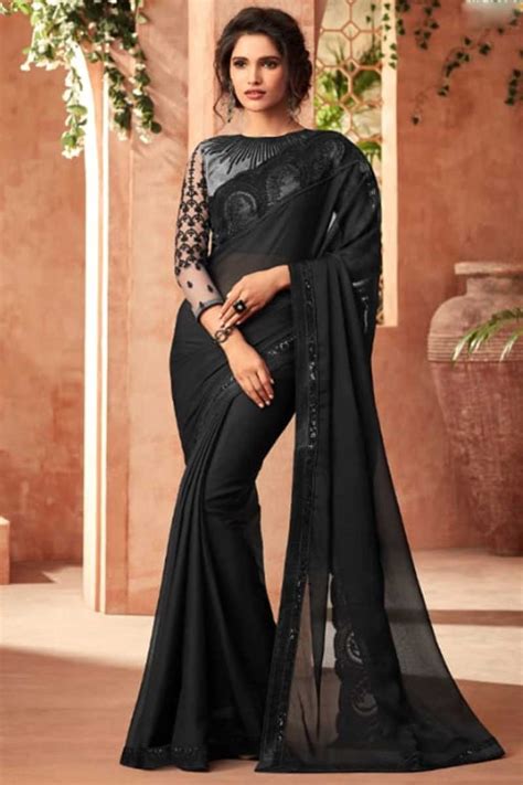 Buy Black Saree With Fancy Fabric Blouse Online Sarv Andaaz Fashion