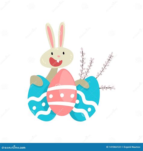 cute white easter bunny with colorful eggs funny rabbit cartoon character with willow twigs