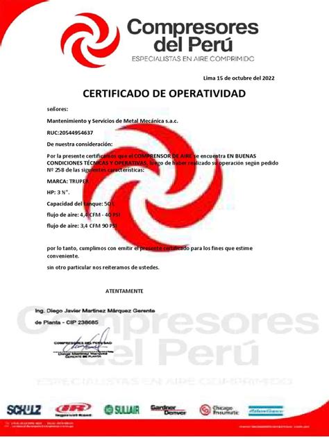 Certificado De Operatividad Comprensora Pdf