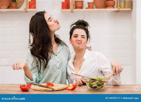Two Women Have Fun With Red Pepper As Mustache Stock Image Image Of Meal Lifestyle 142233117