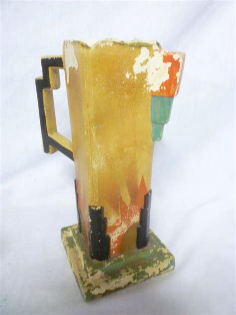 A 1930 S Art Deco Blue John Pottery Angular Jug With Painted Decoration