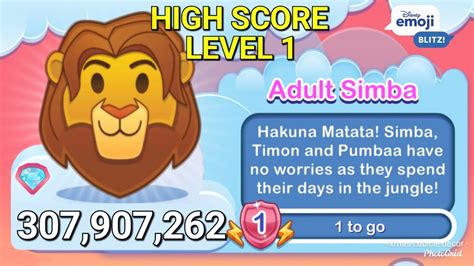 Disney Emoji Blitz Adult Simba Level 1 The Lion King High Score