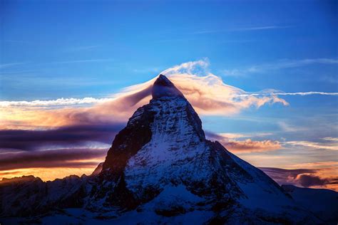 Alps Switzerland Italy Mount Matterhorn Night Sunset Sky Clouds