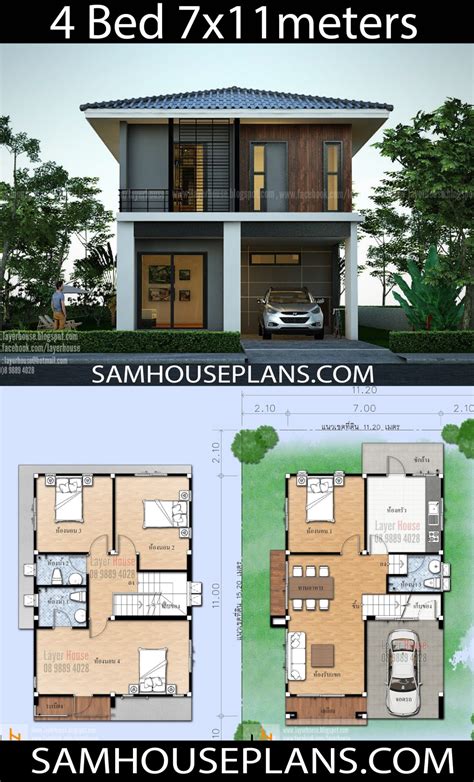 This house having 1 floor, 4 total bedroom, 3 total bathroom, and ground. House Plans Idea 7x11 m with 4 bedrooms - House Plans 3d