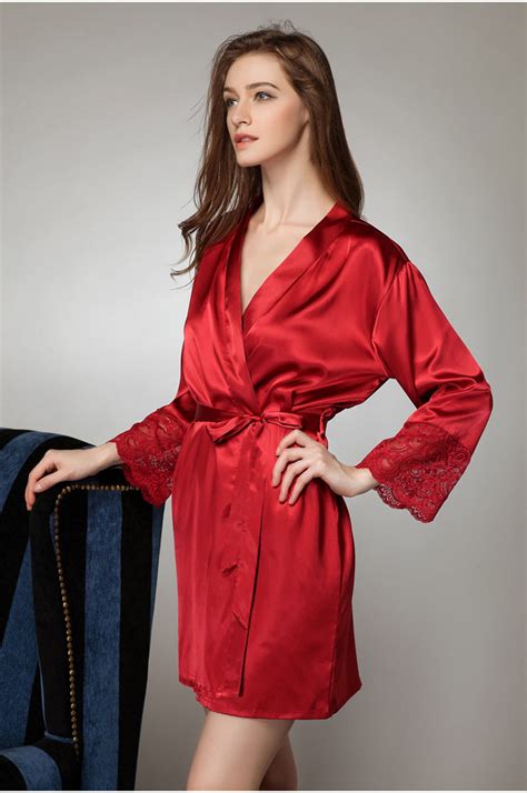 Mid Sleeve Sexy Women Nightwear Robes Plus Size M L Xl Lace Real Silk