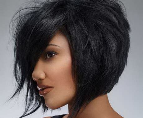 The back portion is usually the shortest, while the sides have a sharp angle to them and defined edges. Asymmetrical black hairstyles