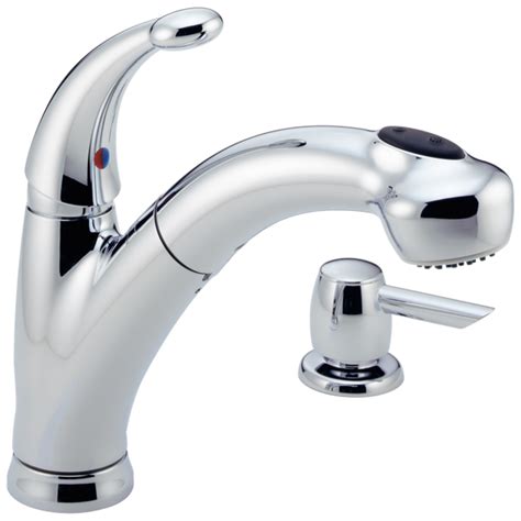 This makes it easy to fill pots on the kitchen countertop. Single Handle Pull-Out Kitchen Faucet with Soap Dispenser ...