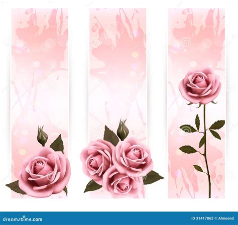 Three Holiday Banners With Pink Beautiful Roses Stock Vector