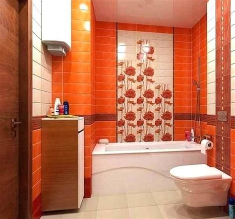 The the tile choice in this example helps bridge a gap between modern and traditional. Bathroom Ideas Orange | Orange bathroom decor, Orange ...