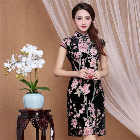 pretty blossom flowers flocked velvet qipao cheongsam dress