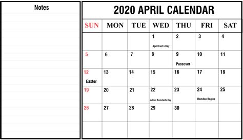 Free Printable April Holidays 2020 Calendar Template
