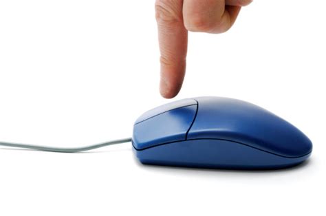 Finger Clicking Blue Mouse Isolated Against White Stock Photo