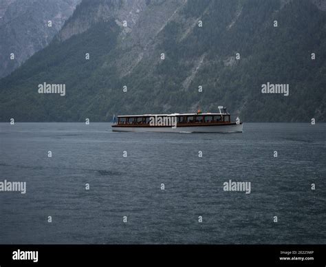 Panorama View Of Electric Boat Ship Vessel Transportation On Alpine
