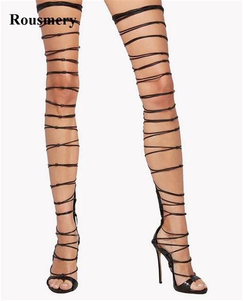 2017 newest women fashion straps design lace up black gladiator boots over knee sexy high heel
