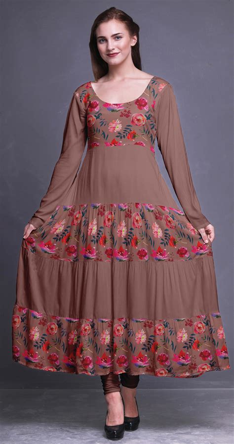 Bimba Damask Anarkali Dress Printed Long Kurta Women Full Sleeve Ethnic