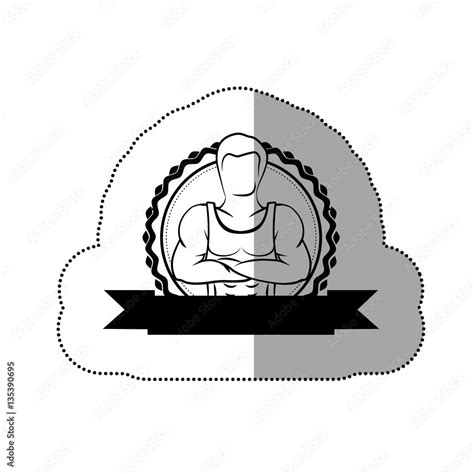 Contour Sticker Border With Silhouette Muscle Man Crossed Arms And