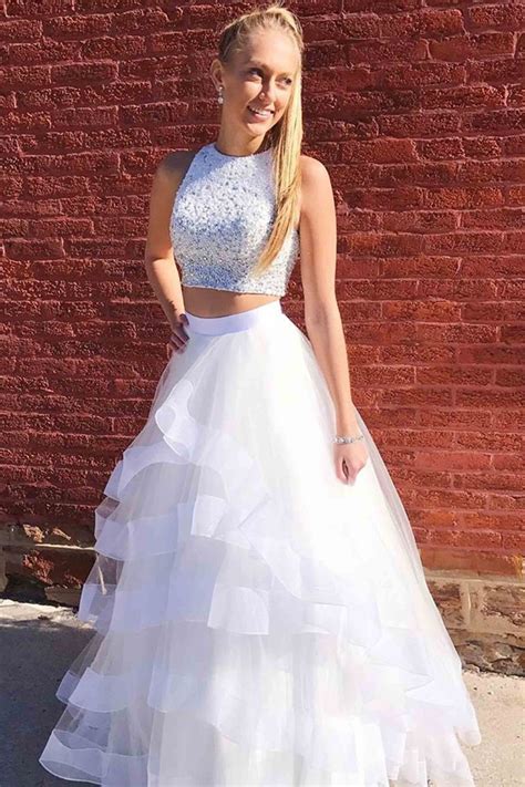 Cute White Tulle Sequins Two Pieces Prom Dress For Teens Prom Dresses