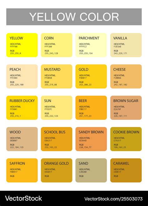 145 Shades Of Yellow Color With Names And Html Hex Rgb Cmyk Codes Images