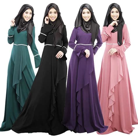 Design Muslim Womens Kaftan Abaya Islamic Dress O Neck Long Sleeve Empire Waist Chiffon Floor