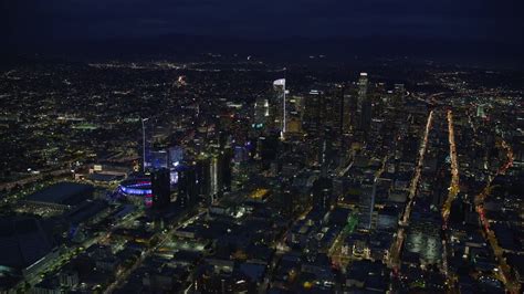 76k Stock Footage Aerial Video Of A Wide View Of Skyscrapers At Night