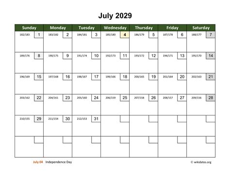 July 2029 Calendar With Day Numbers