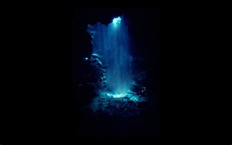 Underwater Cave Diver Blue Black Sunlight Hd Wallpaper
