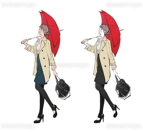 傘を差して歩くコートの女性のイラスト素材 [fyi01640081] ストックフォトのamanaimages plus
