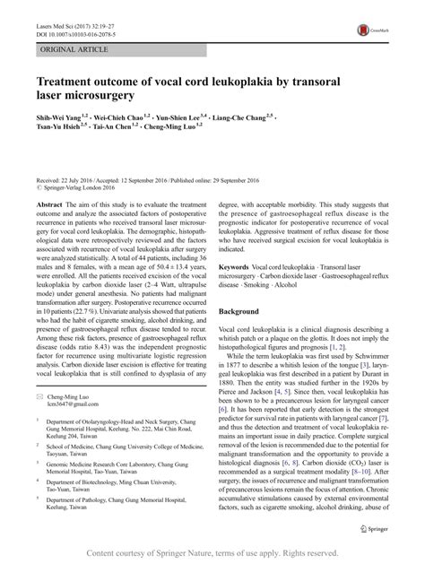 Treatment Outcome Of Vocal Cord Leukoplakia By Transoral Laser