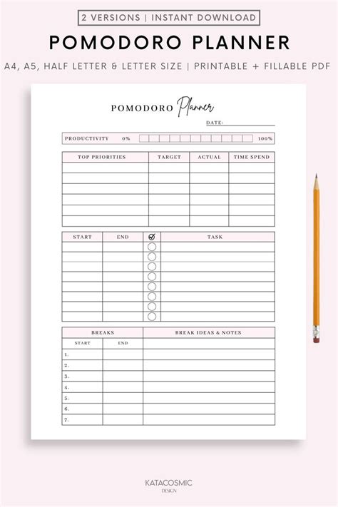 Simple Pomodoro Planner Printable Study Session Planner Productivity