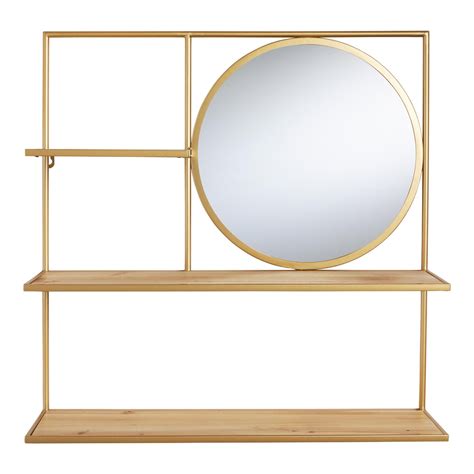 Natural Wood And Gold Avery Wall Shelf With Mirror Wall Shelves