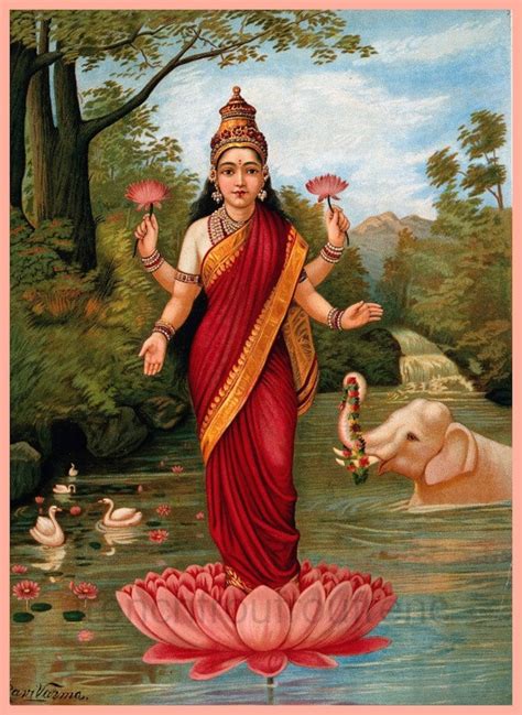 Buy Goddess Lakshmi On Lotus Flower Antique Hindu Illustration By