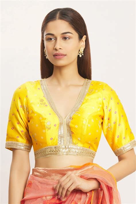 Buy Yellow Silk V Neck Bandhani Print Blouse For Women By Nazaakat By