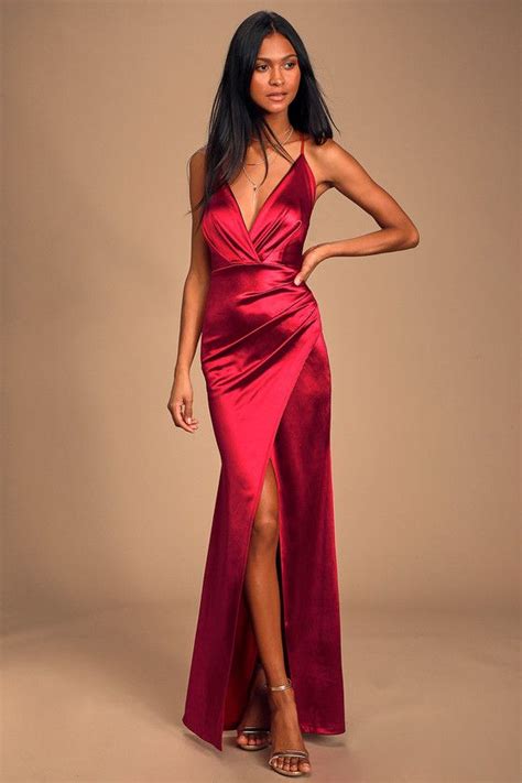 Ever Enchanted Dark Red Satin Surplice Maxi Dress Formal Dresses