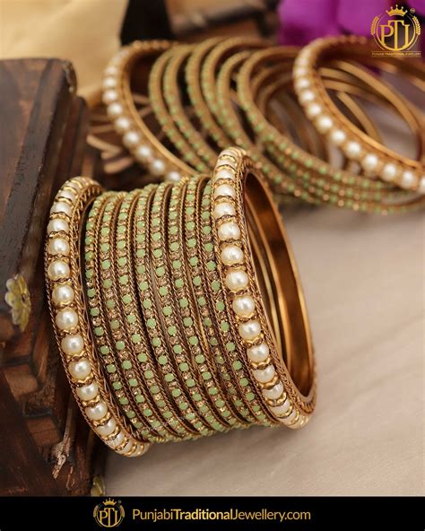 Antique Gold Finished Green Pearl Bangles Set Both Hand Pair Punja Punjabi Traditional