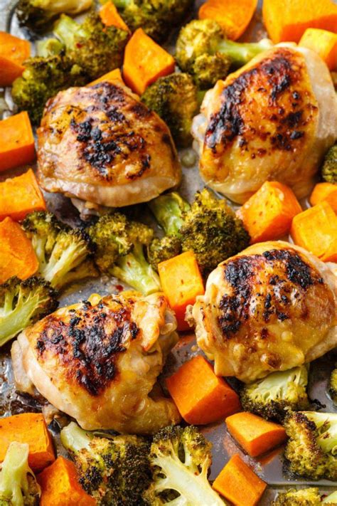 Sheet Pan Chicken Thighs With Sweet Potato And Broccoli Paleo Grubs