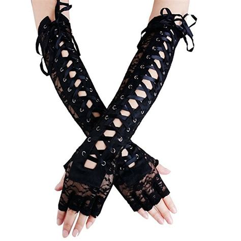 Womens Sexy Elbow Length Fingerless Lace Up Arm Warmer Black Long Lace